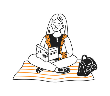 Illustration of a girl with long hair sitting crosslegged. Reading a book with a calm expression. Set on a striped blanket with a backpack beside her.のイラスト素材