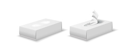 Realistic illustration of two white tissue boxes. One is open with tissue visible. Simple clean design suitable for hygiene and household concepts.のイラスト素材