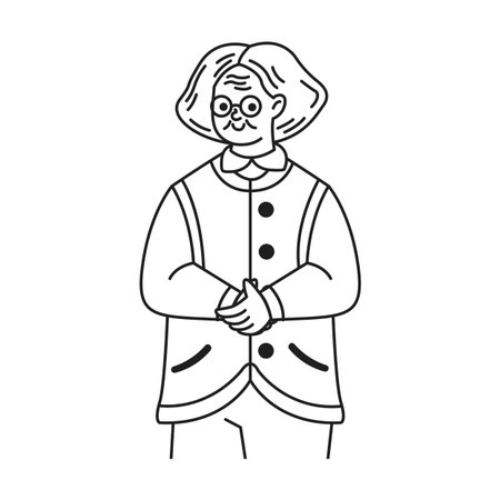 Simple black and white line art doodle illustration of a smiling elderly woman. She is wearing glasses and a cardigan. This minimalist design is ideal for educational content.のイラスト素材
