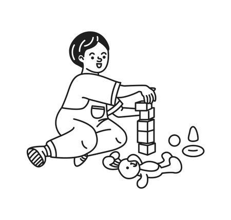 Doodle illustration of a child happily playing with building blocks. The child is stacking cubes to create a tower. Minimalist black and white style adds simplicity.のイラスト素材