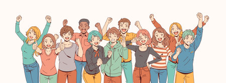 A joyful group of diverse young people expressing happiness and unity. They are smiling and cheering energetically, seeming to enjoy a positive moment against a clean background.のイラスト素材