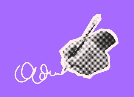 Halftone illustration of a hand holding a pen with a signature below. The black and white design contrasts with a vibrant purple background, capturing creativity.のイラスト素材