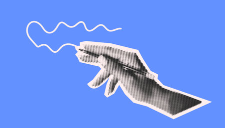 Stylized halftone illustration of a hand creating a wavy line on a blue background. Monochrome hand contrasts with vibrant blue, showing creativity and artistic expression.のイラスト素材