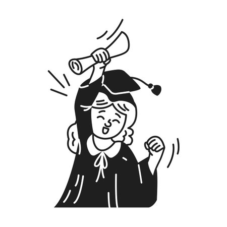A joyful student celebrates success wearing a cap and gown. Black and white drawing shows excitement. Represents educational achievement and graduation on a simple backdrop.のイラスト素材