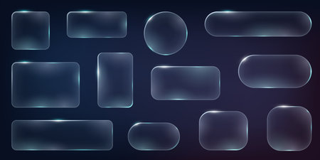 Set of frames and design UI UX elements in the style of liquid glass. Collection of translucent geometric shapes with glassy effect on a dark background. Includes rectangles, circles, and ovals.のイラスト素材