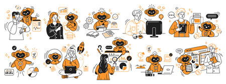 Illustrations of business scenes featuring friendly artificial intelligence robots and professionals. Orange and black colors. Represents collaboration and technology in modern workspaces.のイラスト素材