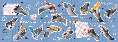 Diverse hands hold colorful pens and pencils in retro collage style. Blue grid background with doodles enhances back to school theme, ideal for education themes.のイラスト素材