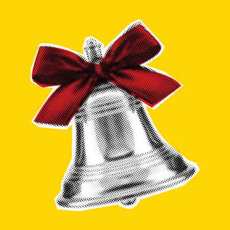 Halftone bell with striking red ribbon in pop art style on vivid yellow background. Ideal for...