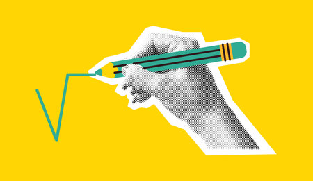 Pop art illustration of a hand holding a pencil drawing a line. Vibrant yellow background. Combines...