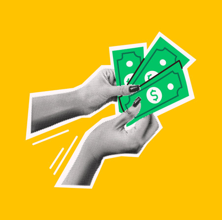 Creative pop art illustration of hands holding cash in a vibrant yellow and green color scheme....