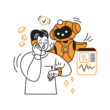 Illustration of man talking on phone while smart artificial intelligence assists. Futuristic financial consultation with digital data. Black and orange design enhances modern look.のイラスト素材
