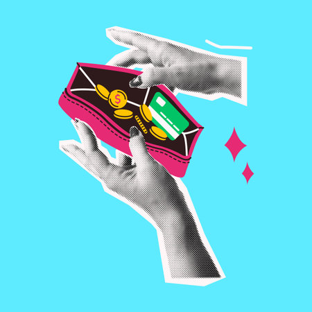 Pop art illustration of hands holding a vibrant wallet. Coins and credit card visible inside against...