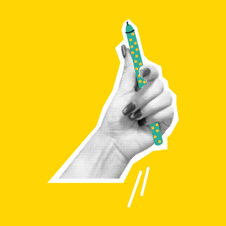 Vintageinspired hand holding a dotted pen on a bright yellow background. The halftone design and vibrant colors create an eyecatching artistic expression.のイラスト素材