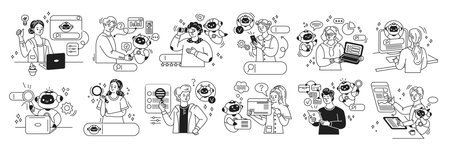 Line art illustrations featuring humans and AI performing various tasks. Black and white style presents a modern theme. Ideal for digital learning and tech concepts.のイラスト素材