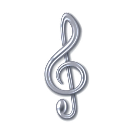 Metallic treble clef symbol rendered in shiny silver against a white backdrop. Reflective and modern, perfect for musicrelated designs and presentations.のイラスト素材
