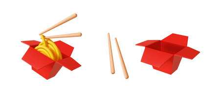 Illustration of noodles in a red takeout box with chopsticks. Bright colors and a white background enhance the food presentation. Perfect for Asian cuisine themes.のイラスト素材