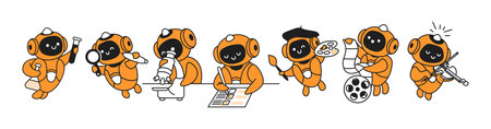 Adorable cartoon robots participate in creative hobbies. They enjoy painting, writing, science experiments, and playing instruments. Illustration in orange and black.のイラスト素材