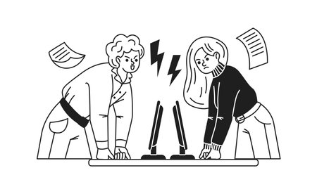 Illustration of two individuals in a heated office dispute. Black and white sketch. Frustrated expressions emphasize tension. Documents depicted on a plain background.のイラスト素材