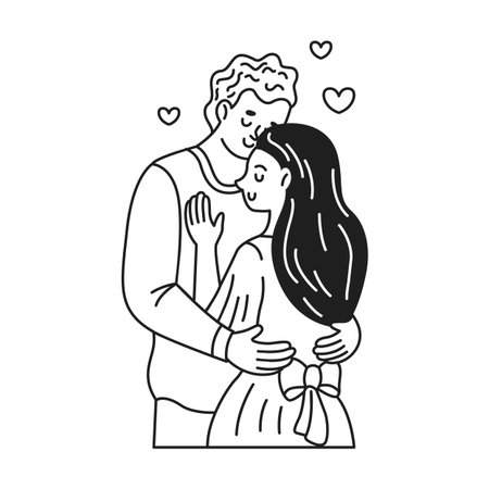 Line art of a couple embracing with affection. Expressions of love and warmth in a minimalist black and white style. Ideal for valentine themes and romantic contexts.のイラスト素材