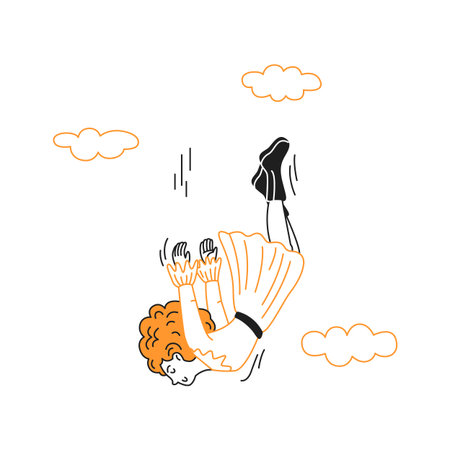 Illustration of a woman falling cheerfully through clouds. The woman has bright orange hair and wears a dress. The background is minimal and abstract.のイラスト素材
