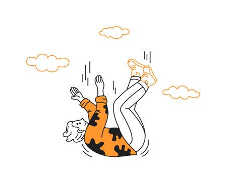 Cartoon person in vibrant outfit falling among clouds. Dynamic and energetic scene on white background. Illustrates movement and whimsy in simple lines.のイラスト素材