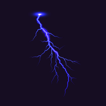 Vivid blue lightning striking bolt against a black background. Captures intense energy and dramatic power. Perfect for illustrating stormy weather or energy concepts.のイラスト素材