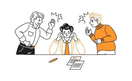Three people in a dispute at a desk. Two are arguing with a person in the middle showing stress. Minimalist style with orange highlights. Represents workplace tension.のイラスト素材