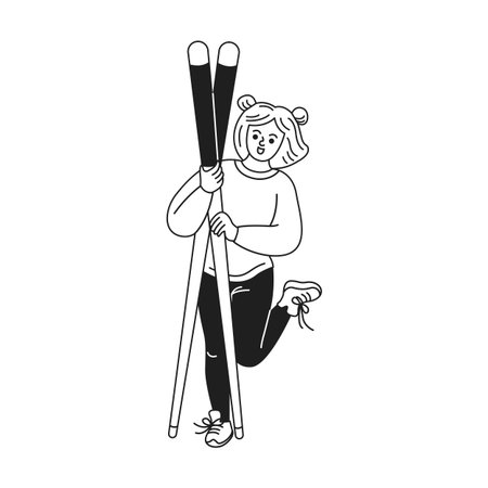 A cartoon girl cheerfully holds skis. She wears casual winter clothing. Stylized in a black and white line drawing. Perfect for winter sports content.のイラスト素材