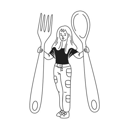 Cartoon illustration of a girl smiling while holding a giant fork and spoon. Black and white outlines create a playful dining concept on a white background.のイラスト素材