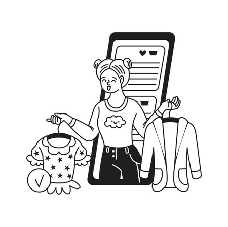 Cartoon woman happily selects outfits portrayed in a minimalist style. She holds a dress and a jacket while a large phone screen shows shopping options. Black and white.のイラスト素材