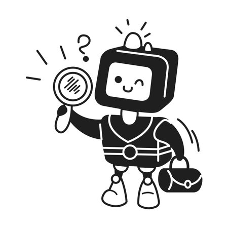 Cute robot character inspecting with a magnifying glass. Playful and inquisitive mood. Black and white cartoon style. Perfect for detective themes illustrations.のイラスト素材
