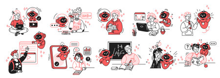 Illustration of cartoon characters engaging with friendly artificial intelligence in educational settings. Features elements of learning and technology integration in simple colors.のイラスト素材