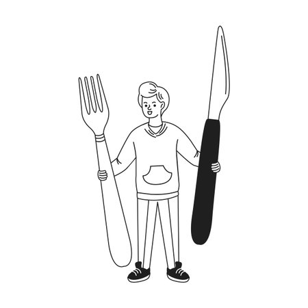 Illustration of a boy cheerfully holding large fork and knife. Black and white line art, represents oversized kitchen utensils concept. Simple background.のイラスト素材