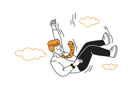 Cartoon illustration of a businessman falling through the sky with orange clouds. The man is wearing a suit and tie, displaying a sense of carefree motion.のイラスト素材