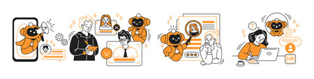 Cartoon style vector showing AI and humans in recruitment. Robots and people interacting in modern...
