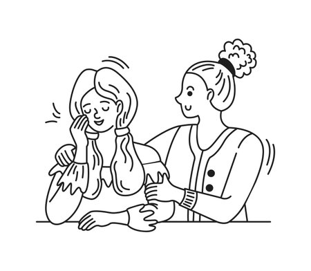 Illustration of two women smiling warmly. One pats the other supportively on a simple white background. Depicts friendship and comfort in minimalist style.のイラスト素材