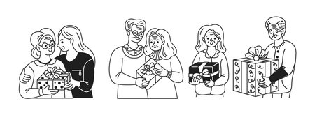 Line art illustration showing people with happy expressions giving and receiving gifts. Simple black and white style represents giftgiving occasions and celebrations.のイラスト素材