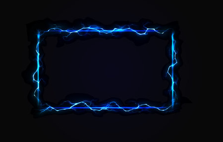 Abstract electric neon frame glowing with vibrant blue light. Dynamic lightning effect creates an energetic visual. Perfect for futuristic designs and digital projects.のイラスト素材