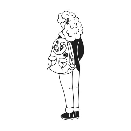 Minimalistic black and white line art of a person with a uniquely decorated backpack. Features playful drawings and accessories, creating a youthful and modern style.のイラスト素材