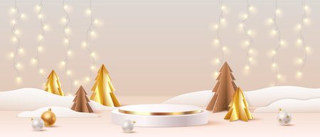 Elegant holiday scene with golden and brown trees. Snowy backdrop and glowing string lights. White and gold ornaments add festive charm. Perfect for seasonal designs.のイラスト素材