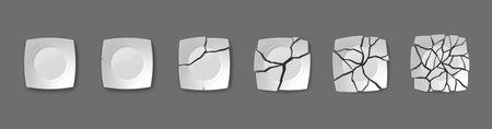 Realistic illustration showing different stages of a white plate cracking on a gray background. This image is ideal for concepts of fragility or damage.のイラスト素材