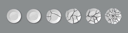Illustration depicting gradual breaking of white plates on gray backdrop. Starting from intact to completely shattered. Symbolizes change and fragility. Ideal for concepts of decline.のイラスト素材