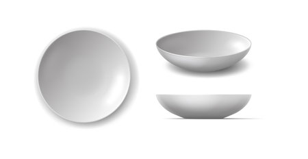 Realistic vector illustration of a white bowl set. Displayed in different angles on a clean white background. Ideal for kitchen or dining design projects.のイラスト素材