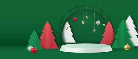 Festive Christmas scene with red, green, and white trees on a green backdrop. Stars and ornaments hang creating a joyful holiday atmosphere. Perfect for seasonal decoration.のイラスト素材