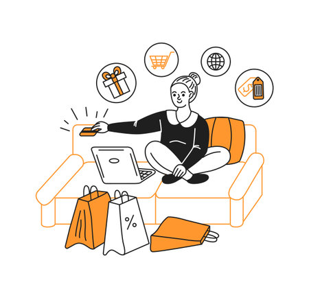 Illustration of a woman joyfully shopping online from her cozy sofa. Surrounded by shopping bags and icons, she uses a laptop and a card in a minimalistic style.のイラスト素材