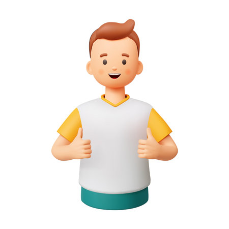 3D cartoon character with brown hair and a white tshirt giving thumbs up. The figure exudes positivity and friendliness, perfect for diverse creative uses.のイラスト素材