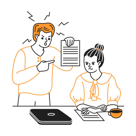 Cartoon illustration of a man angrily pointing at a document. A woman looks upset at a desk. The scene depicts workplace conflict with modern elements.のイラスト素材