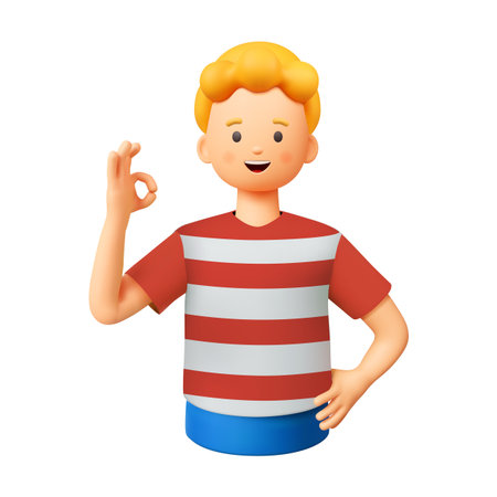 Cartoon character with short blonde hair and striped shirt smiling with joy. Character makes an OK sign with hand, expressing positivity. Isolated white background.のイラスト素材