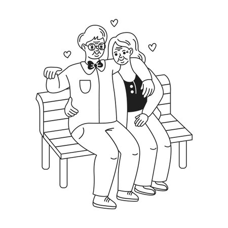 A charming black and white illustration depicts an elderly couple sitting closely on a bench, smiling with love and affection surrounded by hearts.のイラスト素材