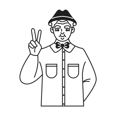 Black and white drawing of a man wearing a hat and bow tie making a peace sign gesture. He looks cheerful and is dressed in a shirt with pockets.のイラスト素材